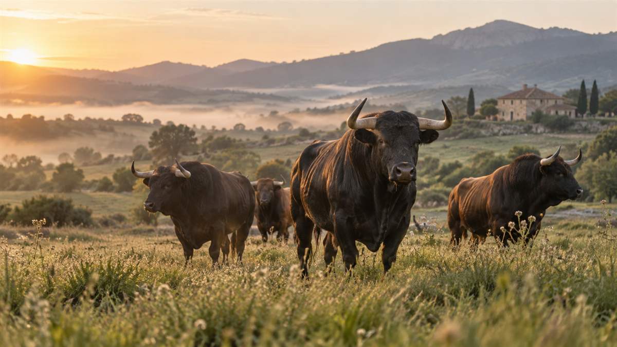 Toros bravos en una ganadería navarra al amanecer