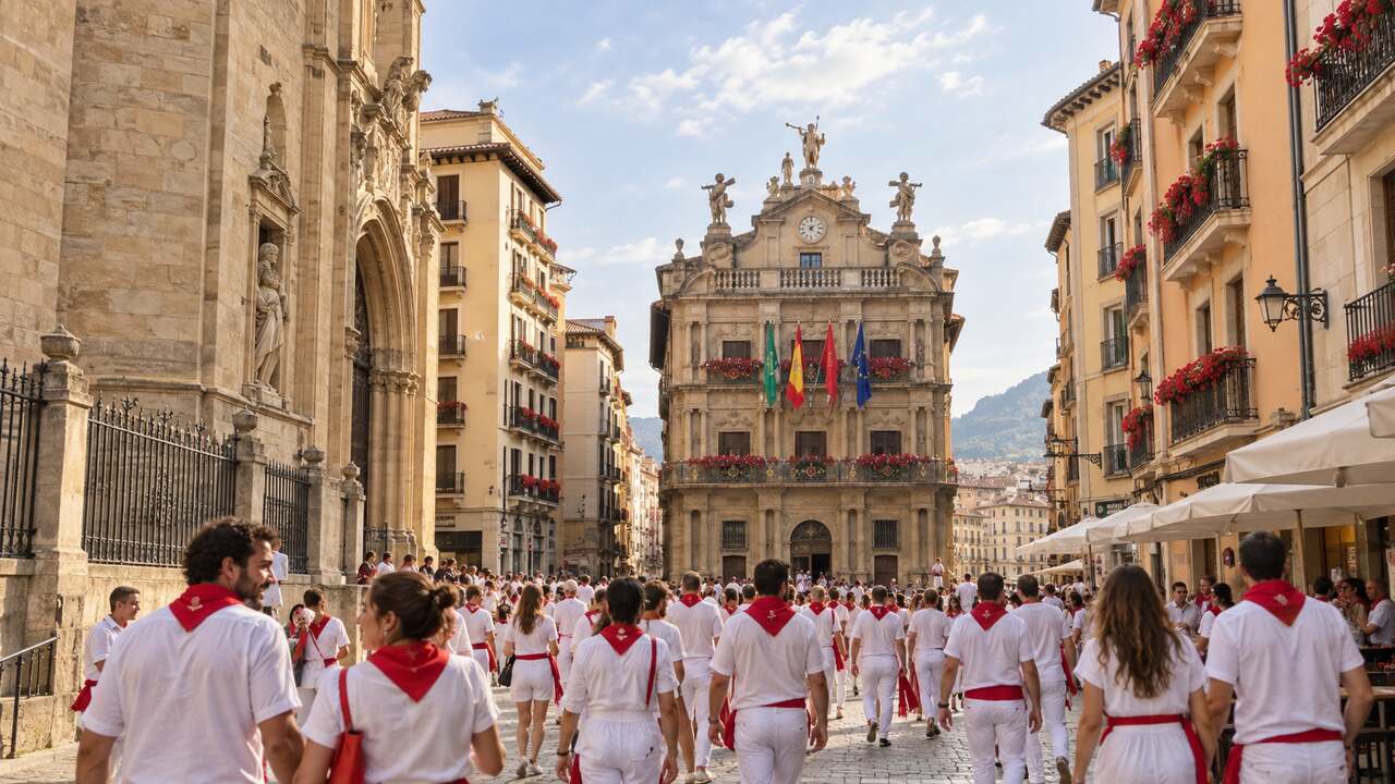 Pamplona durante las fiestas de San Fermín con personas vestidas de blanco y pañuelo rojo