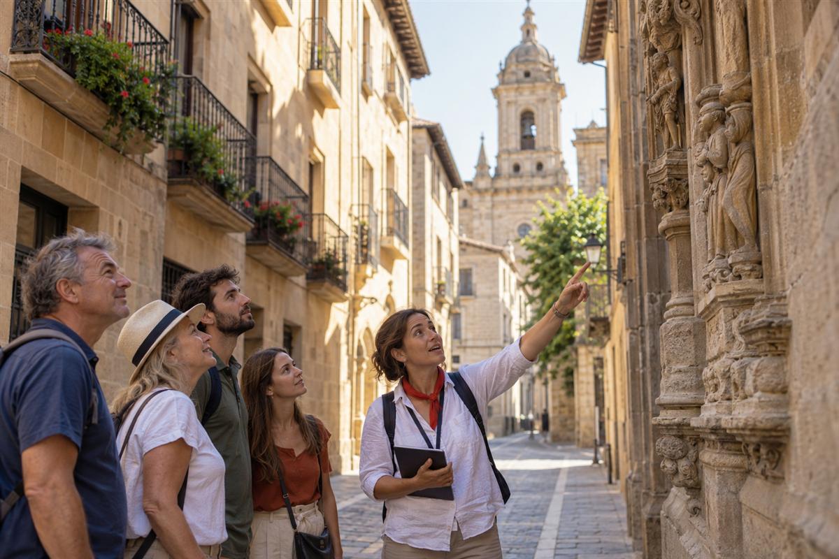 Guía local mostrando el patrimonio del casco histórico de Pamplona durante un tour cultural
