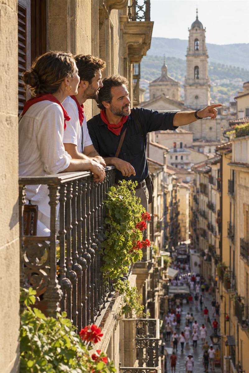 Pamplona desde un balcón histórico durante una visita guiada Guía local y visitantes observando Pamplona desde un balcón histórico durante un tour cultural