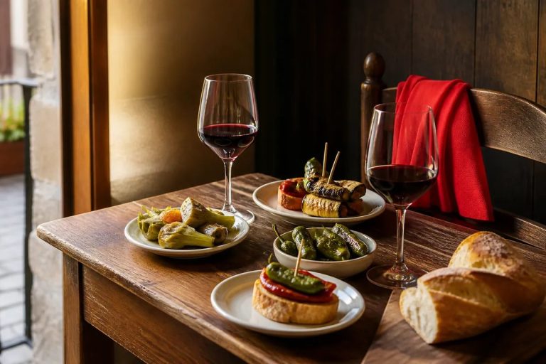 Selección de pintxos y vino como imagen editorial de la gastronomía navarra