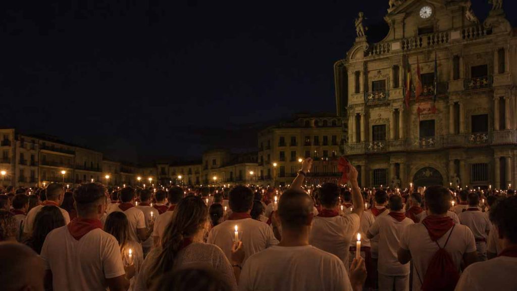 Personas con velas y pañuelos rojos durante el Pobre de Mí de San Fermín frente al Ayuntamiento de Pamplona